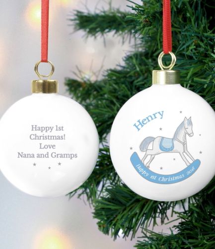 Personalised 1st Christmas Blue Rocking Horse Bauble