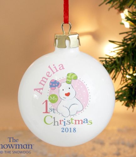 Personalised The Snowman and the Snowdog My 1st Christmas Pink Bauble