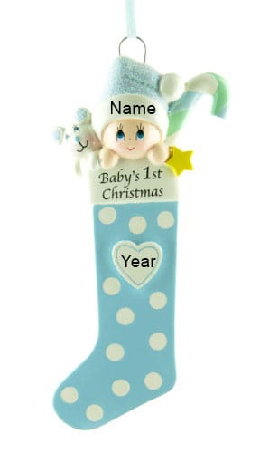 Personalised Blue Baby's Stocking 1st Christmas Ornament