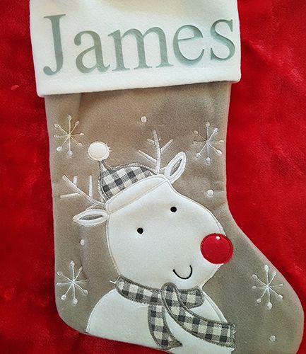 Personalised Plush Silver Reindeer Christmas Stocking