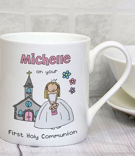 Personalised Bang On The Door First Holy Communion Girls Balmoral Mug