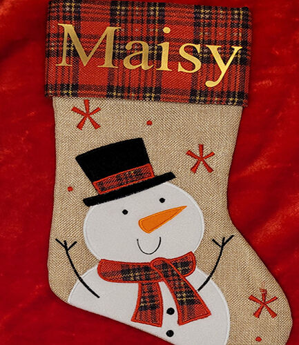 Personalised Hessian Snowman Tartan Christmas Stocking