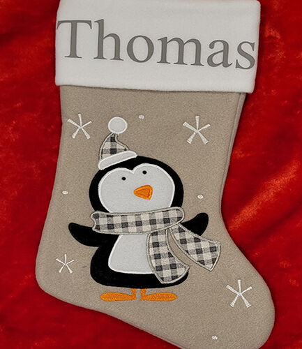 Personalised Plush Silver Penguin Christmas Stocking