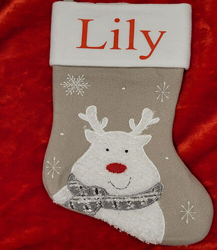 Personalised Plush Silver Reindeer Christmas Stocking NEW